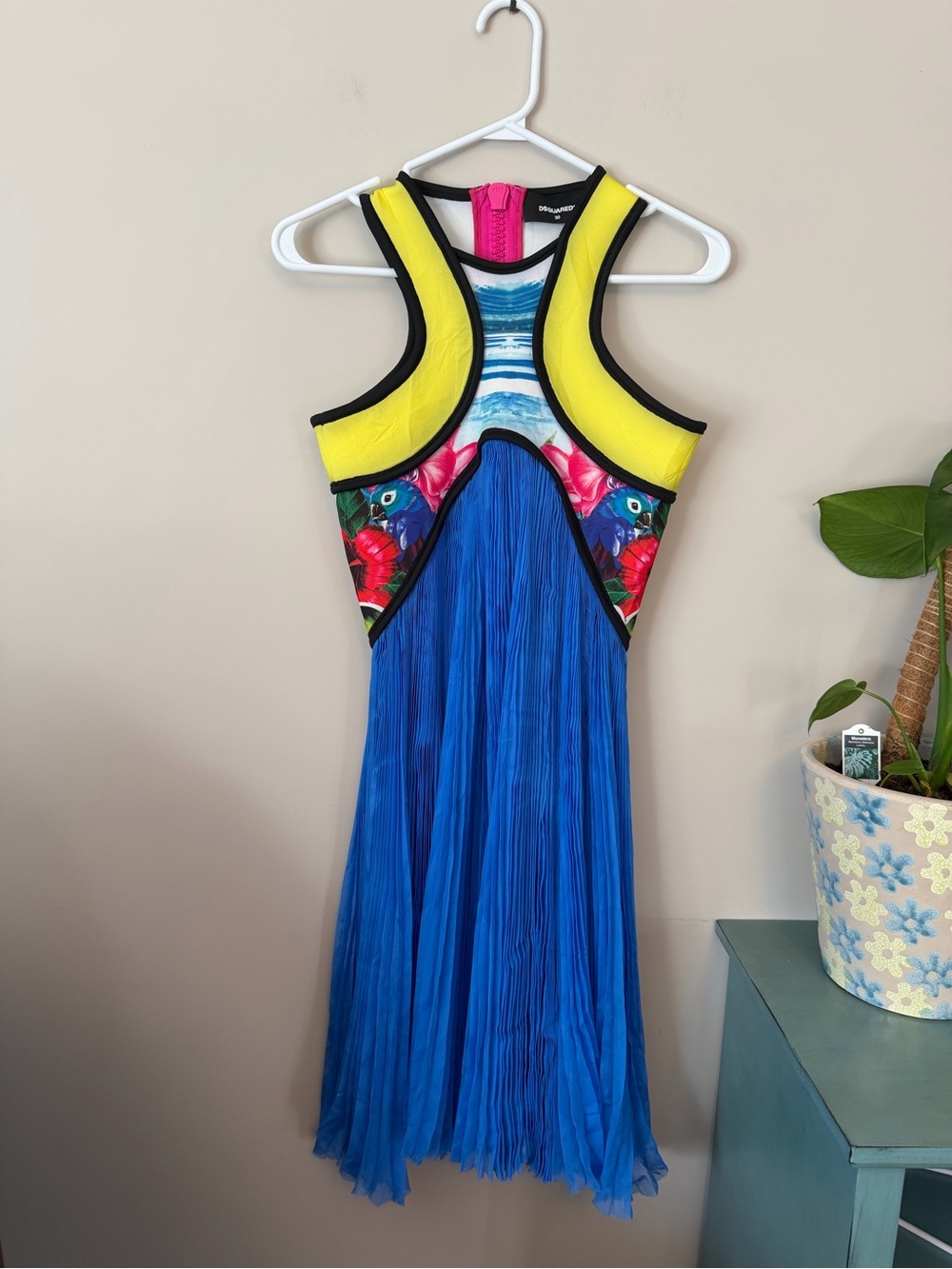 DSQUARED Blue Pleated One-Shoulder Dress with Yellow and Floral Accents